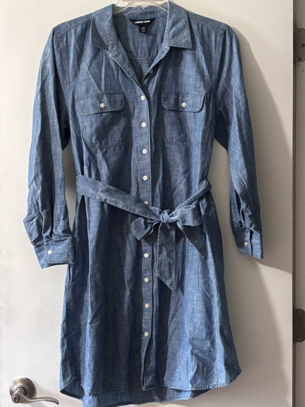 Lands' End Blue 100% Cotton Long Sleeve Chambray Button Front Dress L Petite